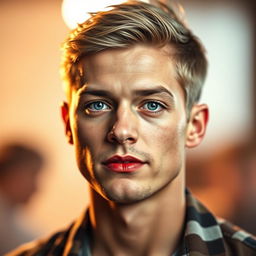 A close-up portrait of a man with the facial features of Taylor Swift, including her iconic facial shape, bright blue eyes, and signature red lipstick