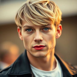 A close-up portrait of a man with the facial features of Taylor Swift, including her iconic facial shape, bright blue eyes, and signature red lipstick
