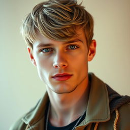 A close-up portrait of a man with the facial features of Taylor Swift, including her iconic facial shape, bright blue eyes, and signature red lipstick
