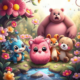 A whimsical scene featuring Moochis, a charming, cartoonish creature, surrounded by a diverse group of non-human friends, each with unique and endearing appearances