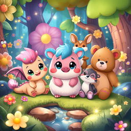 A whimsical scene featuring Moochis, a charming, cartoonish creature, surrounded by a diverse group of non-human friends, each with unique and endearing appearances