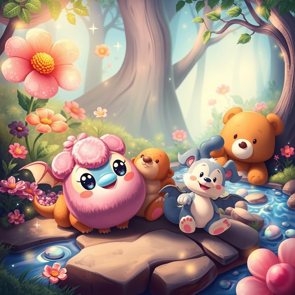 A whimsical scene featuring Moochis, a charming, cartoonish creature, surrounded by a diverse group of non-human friends, each with unique and endearing appearances