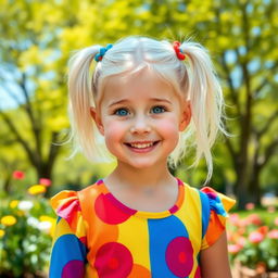 A cute girl with vibrant white pigtails, wearing a colorful, playful outfit