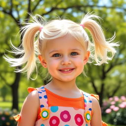 A cute girl with vibrant white pigtails, wearing a colorful, playful outfit