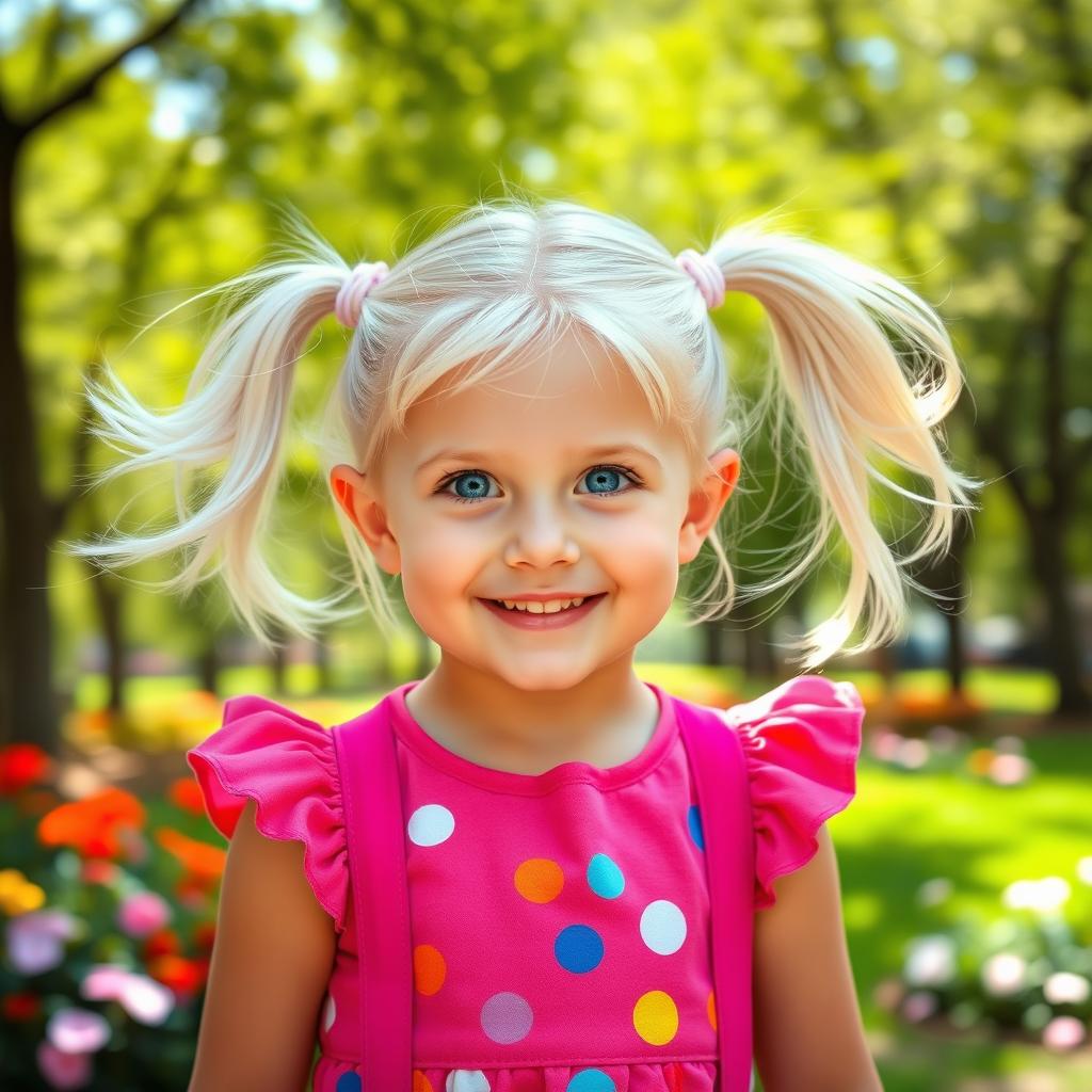 A cute girl with vibrant white pigtails, wearing a colorful, playful outfit