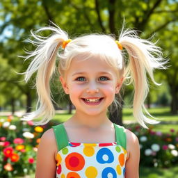 A cute girl with vibrant white pigtails, wearing a colorful, playful outfit