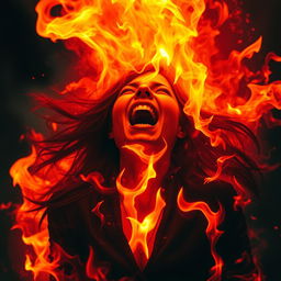 A dramatic scene depicting a woman completely engulfed in flames, her expression filled with anguish as she cries out in pain