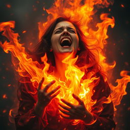 A dramatic scene depicting a woman completely engulfed in flames, her expression filled with anguish as she cries out in pain