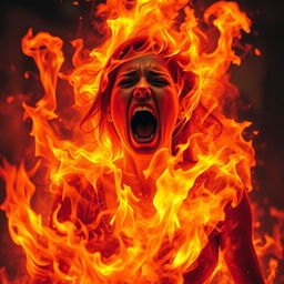 A dramatic scene depicting a woman completely engulfed in flames, her expression filled with anguish as she cries out in pain