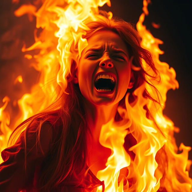 A dramatic scene depicting a woman completely engulfed in flames, her expression filled with anguish as she cries out in pain