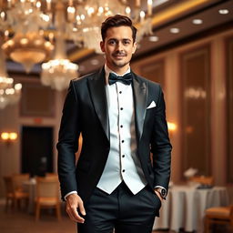 A well-dressed man in an elegant formal outfit that includes a tailored black tuxedo, crisp white shirt, and a black bow tie