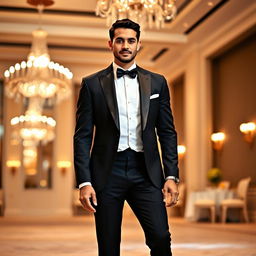 A well-dressed man in an elegant formal outfit that includes a tailored black tuxedo, crisp white shirt, and a black bow tie