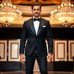 A well-dressed man in an elegant formal outfit that includes a tailored black tuxedo, crisp white shirt, and a black bow tie