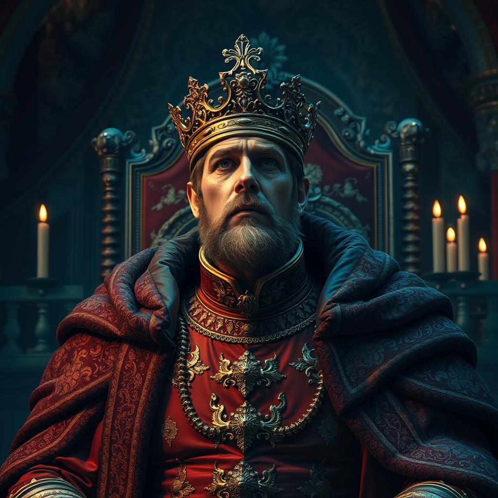 A regal king in a majestic throne room, with ornate decorations and deep, rich colors