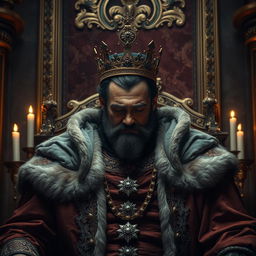 A regal king in a majestic throne room, with ornate decorations and deep, rich colors