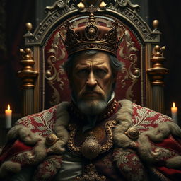 A regal king in a majestic throne room, with ornate decorations and deep, rich colors