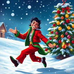 A vibrant and festive winter scene featuring a stylized depiction of Michael Jackson in a red and green Christmas outfit