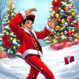 A vibrant and festive winter scene featuring a stylized depiction of Michael Jackson in a red and green Christmas outfit