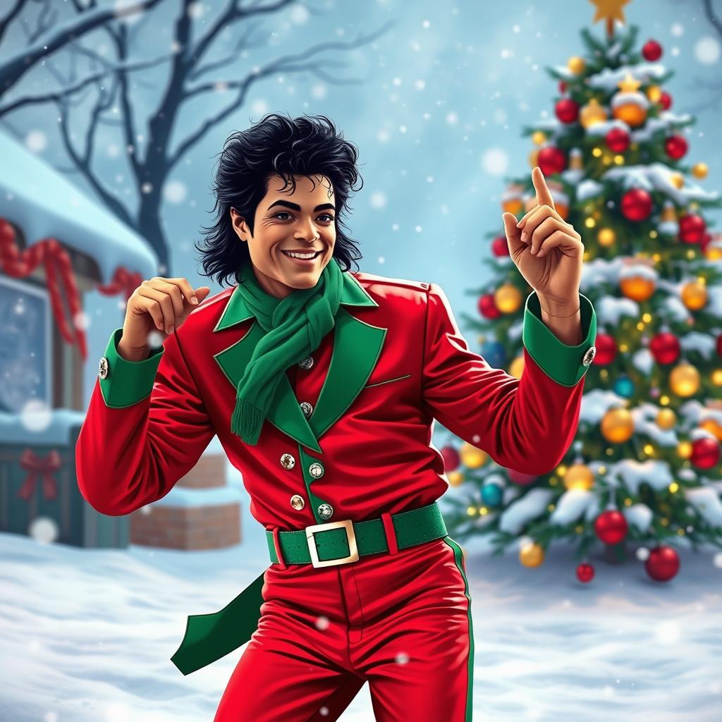 A vibrant and festive winter scene featuring a stylized depiction of Michael Jackson in a red and green Christmas outfit