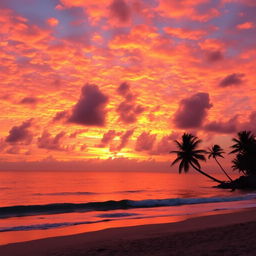 A vibrant sunset sky filled with beautiful hues of orange, pink, and purple, scattered clouds glowing with the warm light of the setting sun