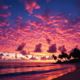 A vibrant sunset sky filled with beautiful hues of orange, pink, and purple, scattered clouds glowing with the warm light of the setting sun