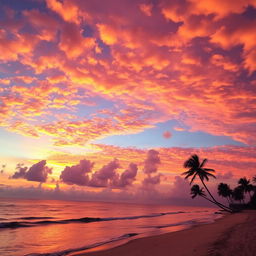 A vibrant sunset sky filled with beautiful hues of orange, pink, and purple, scattered clouds glowing with the warm light of the setting sun