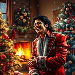 A festive scene depicting Michael Jackson celebrating Christmas, dressed in a stylish red and white holiday outfit