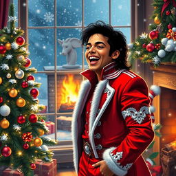 A festive scene depicting Michael Jackson celebrating Christmas, dressed in a stylish red and white holiday outfit