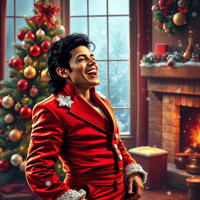 A festive scene depicting Michael Jackson celebrating Christmas, dressed in a stylish red and white holiday outfit