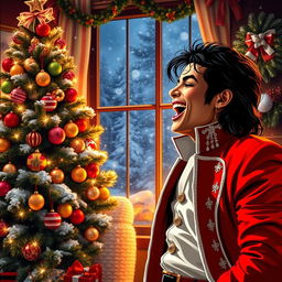 A festive scene depicting Michael Jackson celebrating Christmas, dressed in a stylish red and white holiday outfit
