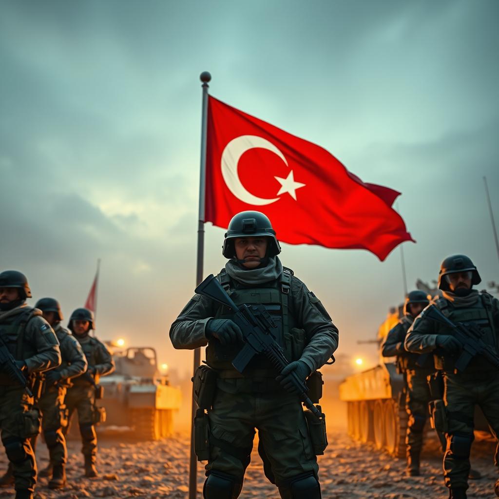 A powerful display of the Turkish flag prominently featured in the foreground, accompanied by several armored Turkish soldiers equipped with modern gear