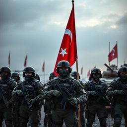 A powerful display of the Turkish flag prominently featured in the foreground, accompanied by several armored Turkish soldiers equipped with modern gear