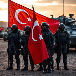 A powerful display of the Turkish flag prominently featured in the foreground, accompanied by several armored Turkish soldiers equipped with modern gear
