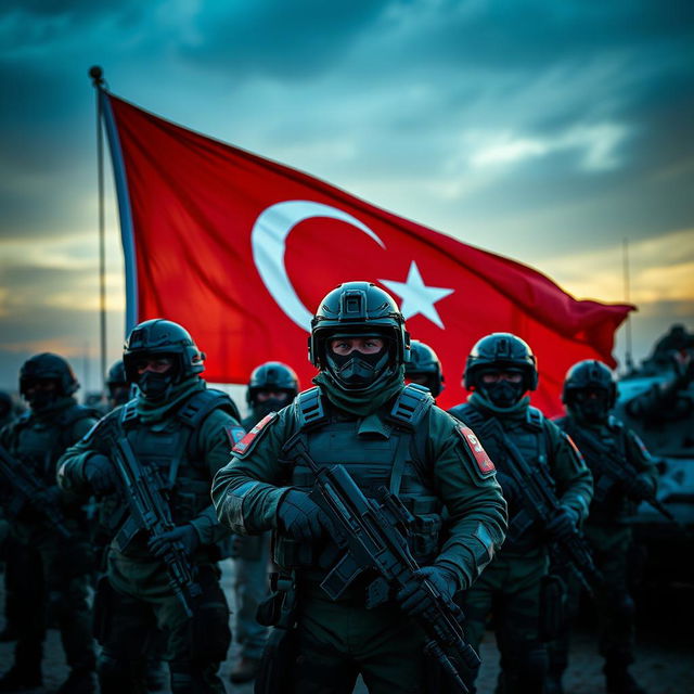 A powerful display of the Turkish flag prominently featured in the foreground, accompanied by several armored Turkish soldiers equipped with modern gear