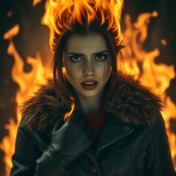 A woman wearing a leather jacket with a fur collar and leather gloves, appearing to be on fire from the top, resembling a flaming figure