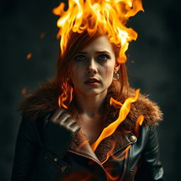 A woman wearing a leather jacket with a fur collar and leather gloves, appearing to be on fire from the top, resembling a flaming figure