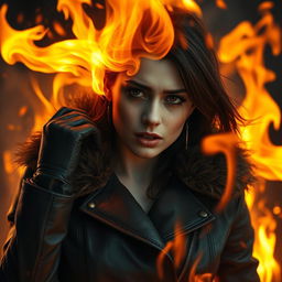 A woman wearing a leather jacket with a fur collar and leather gloves, appearing to be on fire from the top, resembling a flaming figure