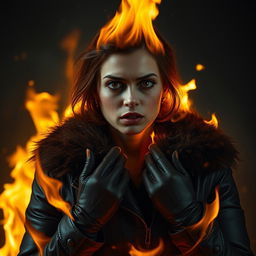 A woman wearing a leather jacket with a fur collar and leather gloves, appearing to be on fire from the top, resembling a flaming figure