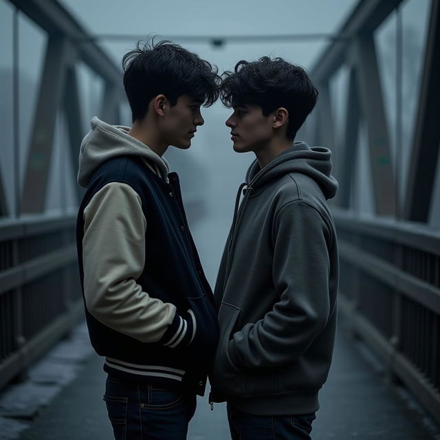 Two 18-year-old boys in a tender lovers' embrace, gazing into each other's eyes with warmth and affection