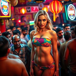 A fit female blonde wearing a colorful strapless bikini that highlights her big breasts and curves, situated in the midst of a lively and dense crowd of men inside a bustling cheap Indian bar