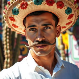 A handsome Mexican man with a striking flint mustache, wearing a traditional sombrero adorned with colorful embroidery