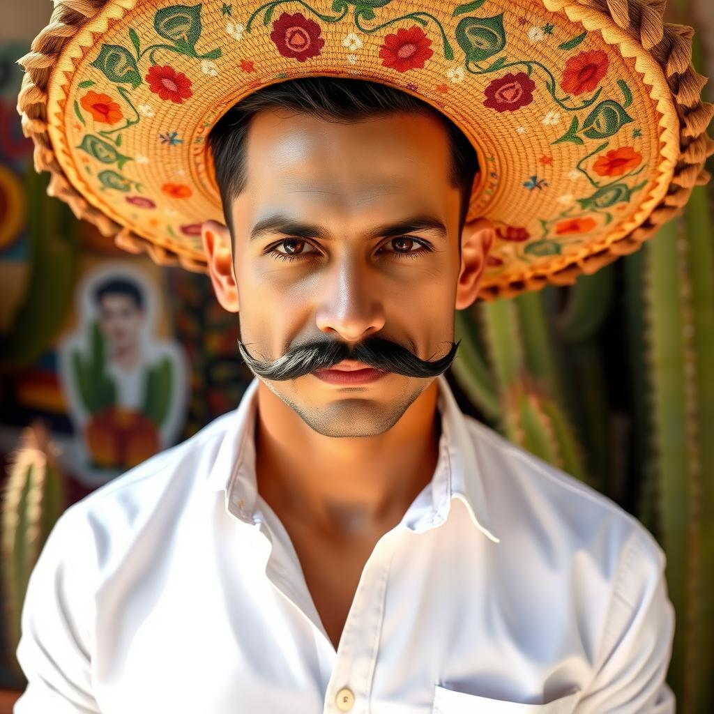 A handsome Mexican man with a striking flint mustache, wearing a traditional sombrero adorned with colorful embroidery