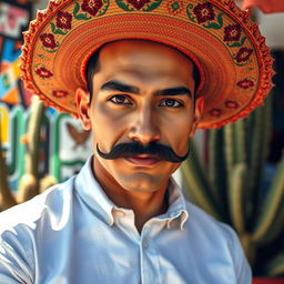 A handsome Mexican man with a striking flint mustache, wearing a traditional sombrero adorned with colorful embroidery