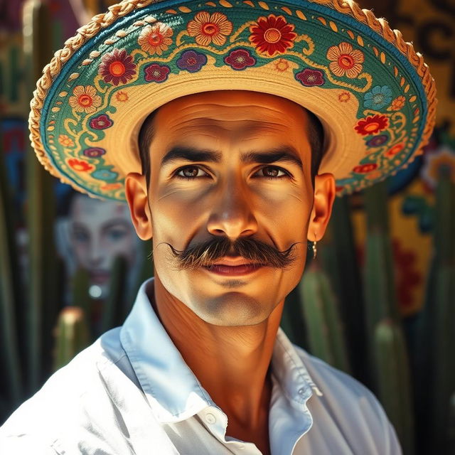 A handsome Mexican man with a striking flint mustache, wearing a traditional sombrero adorned with colorful embroidery