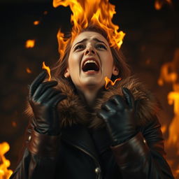 A woman wearing a leather jacket with a fur collar and leather gloves appears to be engulfed in flames from above, resembling a fiery entity