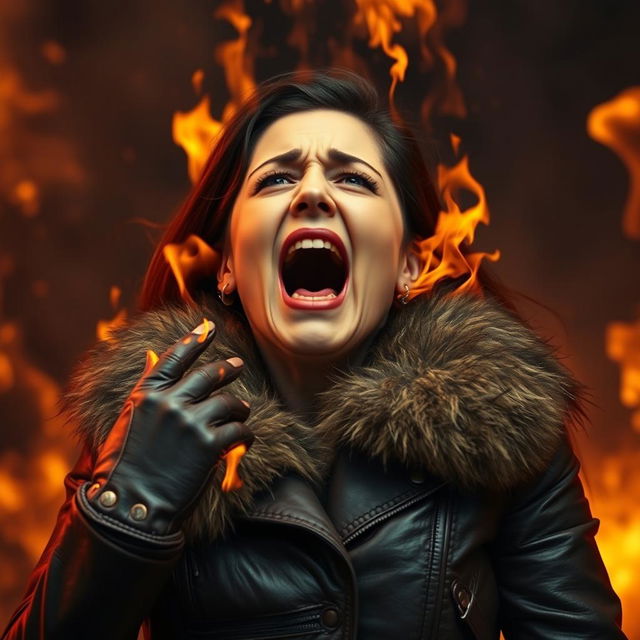 A woman wearing a leather jacket with a fur collar and leather gloves appears to be engulfed in flames from above, resembling a fiery entity