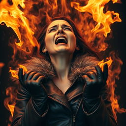 A woman wearing a leather jacket with a fur collar and leather gloves appears to be engulfed in flames from above, resembling a fiery entity