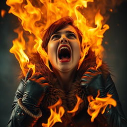 A woman wearing a leather jacket with a fur collar and leather gloves appears to be engulfed in flames from above, resembling a fiery entity