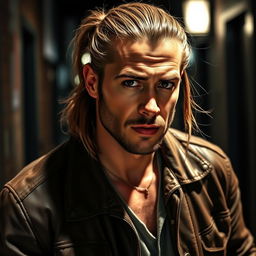 A man with light brown long ponytail hair, wearing a rugged leather jacket and casual attire