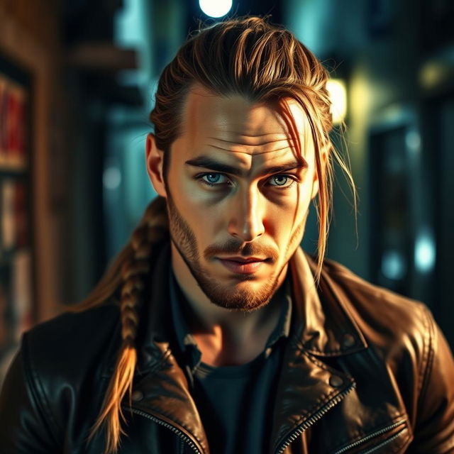 A man with light brown long ponytail hair, wearing a rugged leather jacket and casual attire